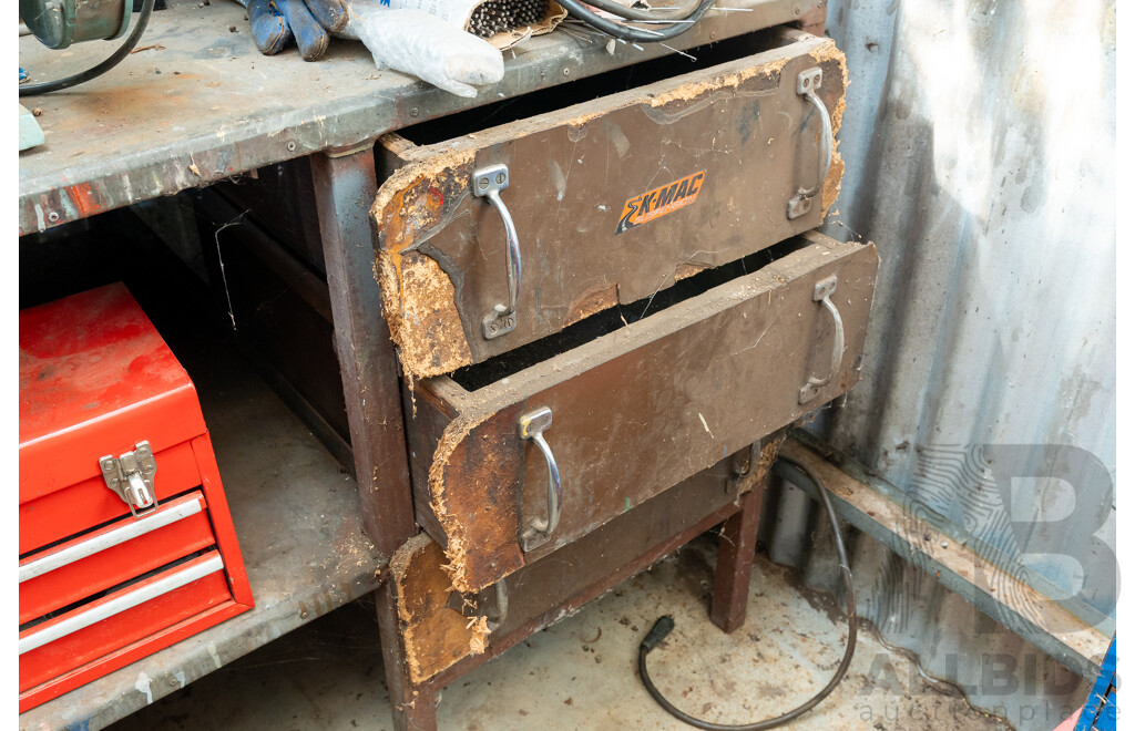 Vintage Metal Workshop Bench with Mounted Vice