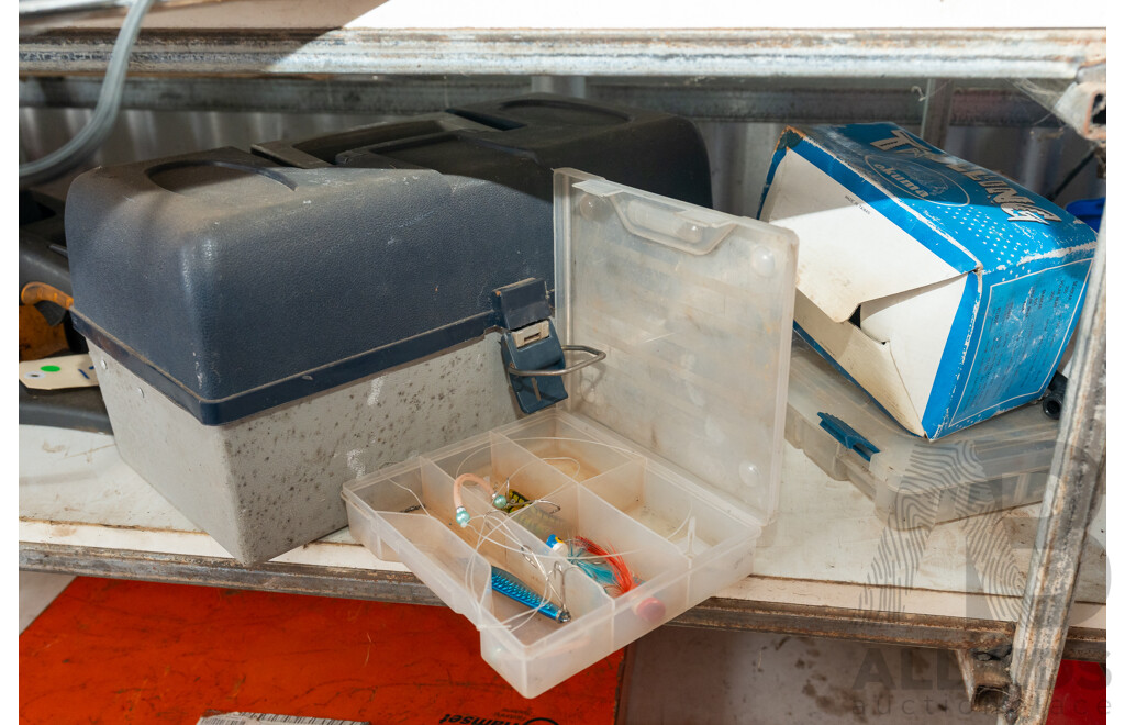 Collection of Fishing Items Inc Tackle Box, Reels and Sinkers