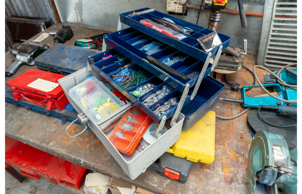 Collection of Fishing Items Inc Tackle Box, Reels and Sinkers