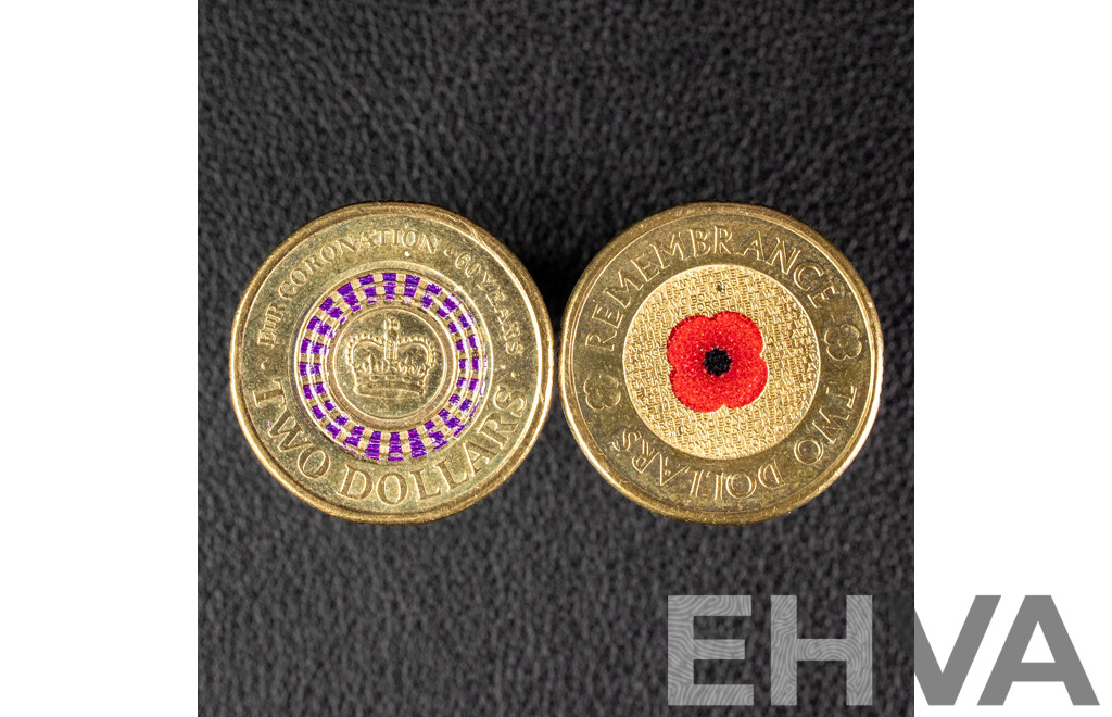 Two Australian Commemorative Two Dollar Coins, 2012 Remembrance 'Red Poppy' and 2013 QE2 Coronation
