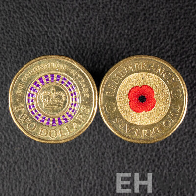 Two Australian Commemorative Two Dollar Coins, 2012 Remembrance 'Red Poppy' and 2013 QE2 Coronation