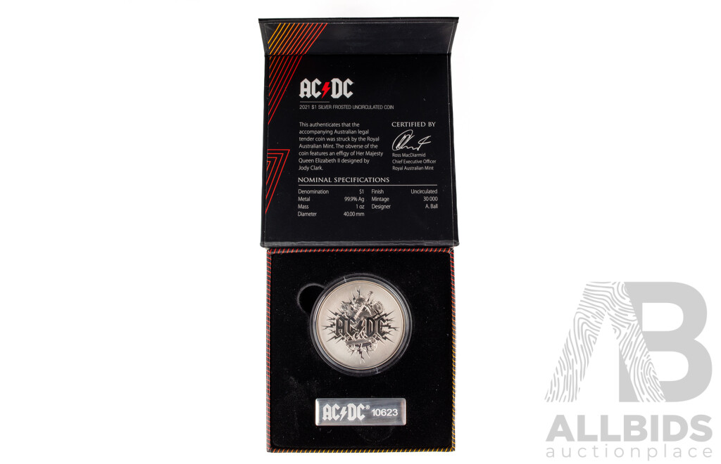Australian RAM 2021 Silver One Dollar Frosted Coin, AC/DC