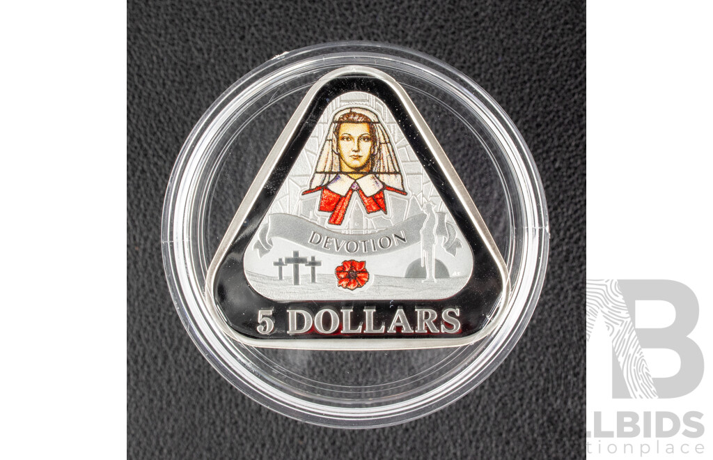Australian 2017 RAM Silver Proof Coloured Triangular Five Dollar Coin, Front Line Angels, Tireless Devotion of Service Nurses .999