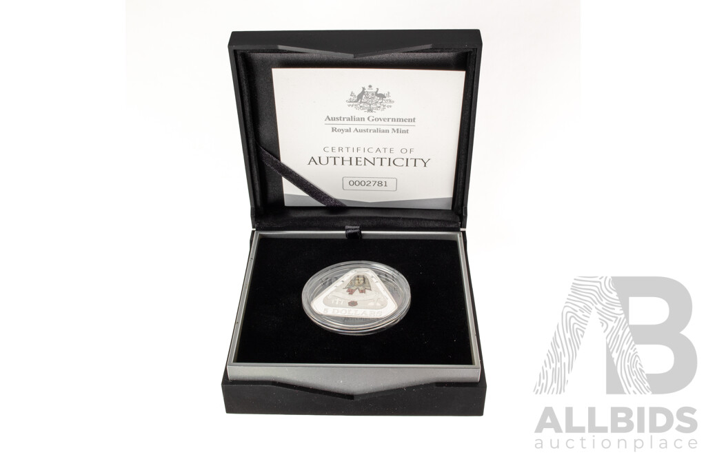 Australian 2017 RAM Silver Proof Coloured Triangular Five Dollar Coin, Front Line Angels, Tireless Devotion of Service Nurses .999