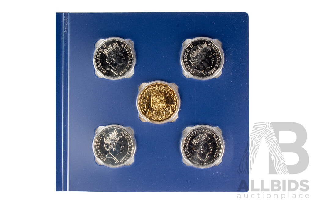 Australian RAM 2019 Five Fifty Cent Coin Set, Fiftieth Anniversary of the Dodecagon Fifty Cent with Gold Plated Coin
