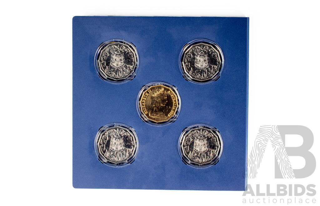 Australian RAM 2019 Five Fifty Cent Coin Set, Fiftieth Anniversary of the Dodecagon Fifty Cent with Gold Plated Coin