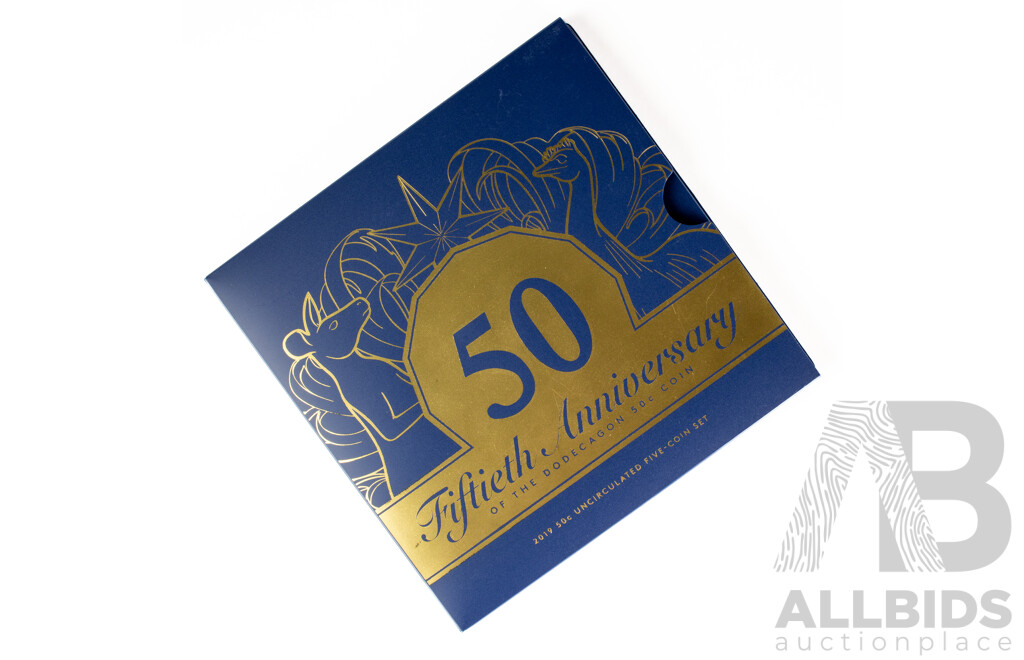 Australian RAM 2019 Five Fifty Cent Coin Set, Fiftieth Anniversary of the Dodecagon Fifty Cent with Gold Plated Coin