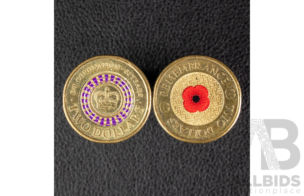 Two Australian Commemorative Two Dollar Coins, 2012 Remembrance 'Red Poppy' and 2013 QE2 Coronation