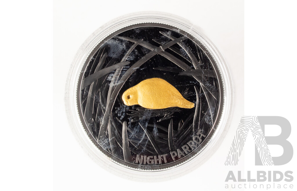Australian RAM 2019 Commemorative Five Dollar Plated Silver Proof Coin, Echoes of Australian Fauna - Night Parrot .999
