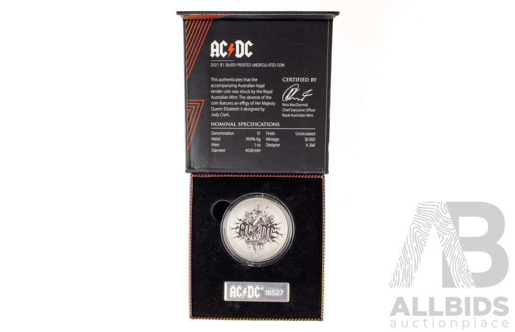 Australian RAM 2021 Silver One Dollar Frosted Coin, AC/DC .999