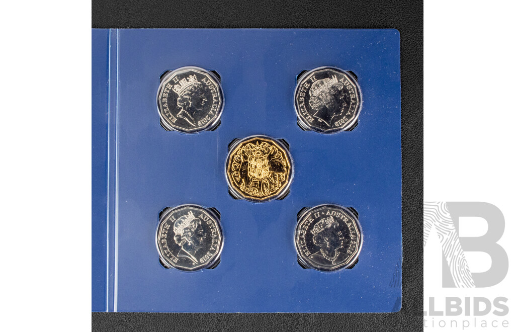 Australian RAM 2019 Five Fifty Cent Coin Set, Fiftieth Anniversary of the Dodecagon Fifty Cent with Gold Plated Coin