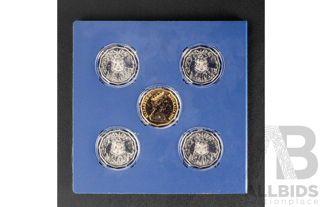Australian RAM 2019 Five Fifty Cent Coin Set, Fiftieth Anniversary of the Dodecagon Fifty Cent with Gold Plated Coin
