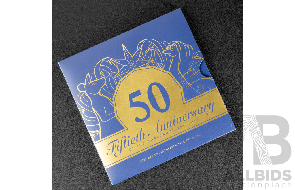 Australian RAM 2019 Five Fifty Cent Coin Set, Fiftieth Anniversary of the Dodecagon Fifty Cent with Gold Plated Coin