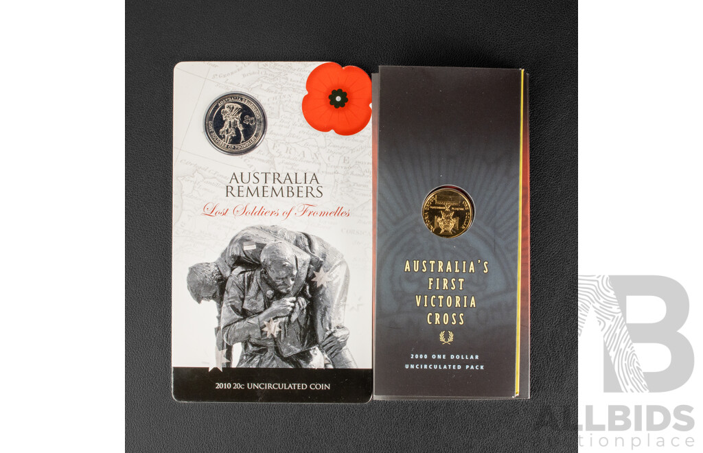 Australian RAM 2000 One Dollar Coin, Australia's First Victoria Cross and 2010 Twenty Cent, Australia Remembers Lost Soldiers of Fromelles