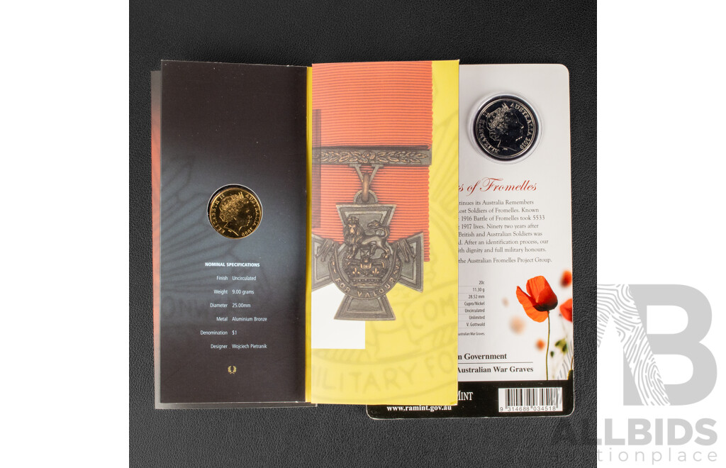 Australian RAM 2000 One Dollar Coin, Australia's First Victoria Cross and 2010 Twenty Cent, Australia Remembers Lost Soldiers of Fromelles