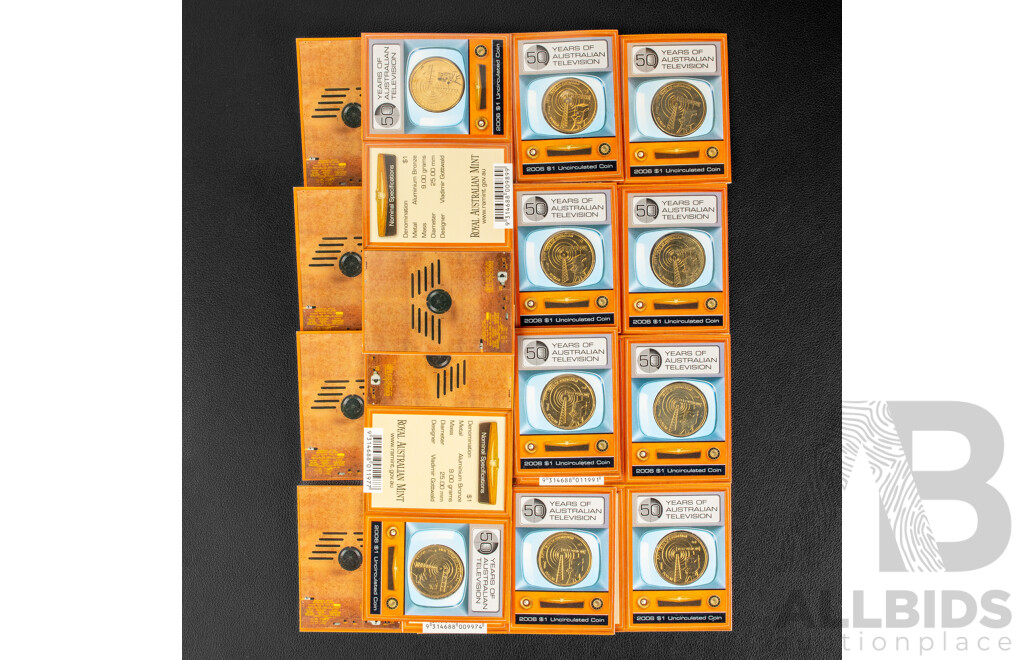 Ten Australian RAM 2006 Commemorative One Dollar Coins, Fifty Years of Australian Television, Privy Marks C, S, M, B, TV(5)