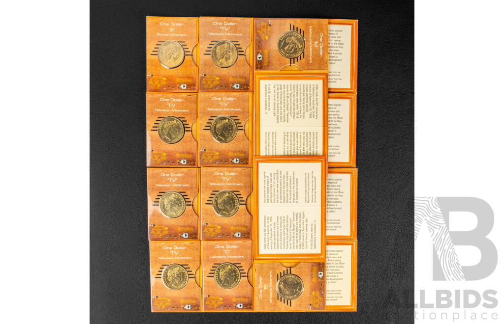 Ten Australian RAM 2006 Commemorative One Dollar Coins, Fifty Years of Australian Television, Privy Marks C, S, M, B, TV(5)