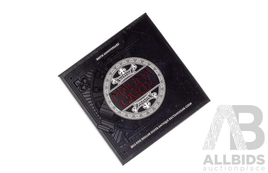 Australian RAM 2015 Silver Five Dollar Rectangular Coin, 800th Anniversary of the Magna Carta .999