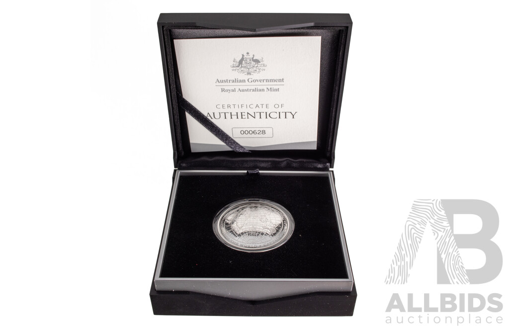 Australian RAM 2019 Silver Proof Domed Five Dollar Coin, 1812 New Map of the World , Captains Cook's Tracks and Discoveries .999