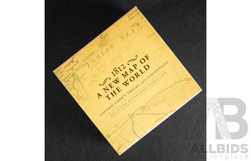 Australian RAM 2019 Silver Proof Domed Five Dollar Coin, 1812 New Map of the World , Captains Cook's Tracks and Discoveries .999