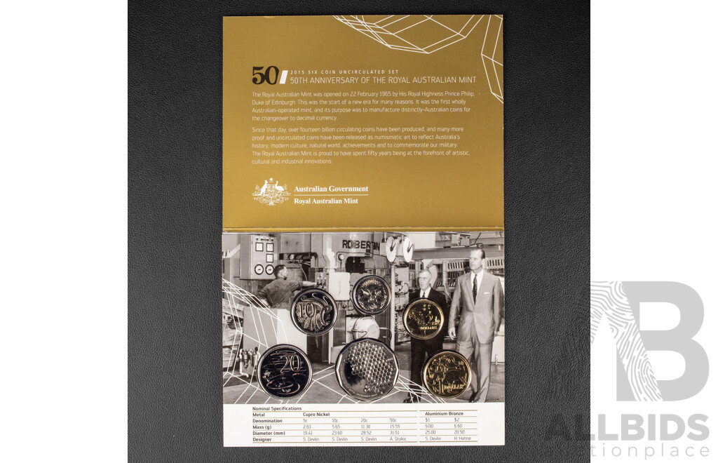 Australian RAM 2015 Six UNC Coin Set, 50th  Anniversary of the Royal Australian Mint