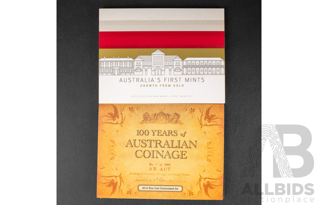 Australian RAM 2016 Four One Dollar Coin Set, Australia's First Mints, Growth From Gold and 2010 Four One Dollar Set, 100 Years of Australian Coinage