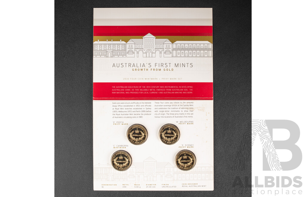 Australian RAM 2016 Four One Dollar Coin Set, Australia's First Mints, Growth From Gold and 2010 Four One Dollar Set, 100 Years of Australian Coinage