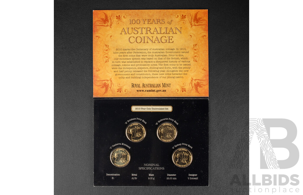 Australian RAM 2016 Four One Dollar Coin Set, Australia's First Mints, Growth From Gold and 2010 Four One Dollar Set, 100 Years of Australian Coinage