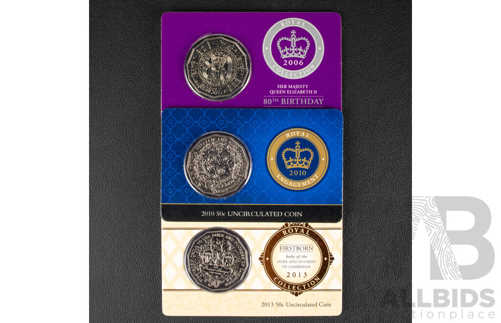 Three Australian RAM Commemorative Royal Fifty Cent Coins, Royal Collection, 2013 First Born of Duke and Duchess of Cambridge, 2006 QE2 80th Birthday, Royal Engagement of William and Catherine