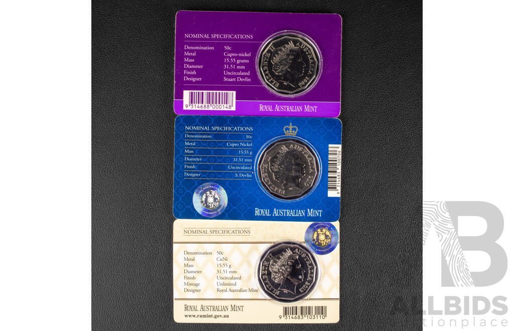 Three Australian RAM Commemorative Royal Fifty Cent Coins, Royal Collection, 2013 First Born of Duke and Duchess of Cambridge, 2006 QE2 80th Birthday, Royal Engagement of William and Catherine