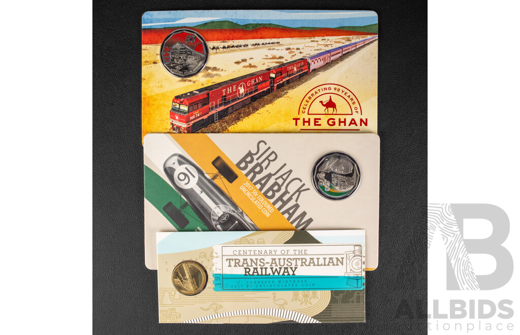 Three Australian RAM Commemorative Coins Including 2019 Fifty Cent, The Ghan, 2017 One Dollar Trans-Australian Railway, C Mint Mark, 2017 Fifty Cent, Sir Jack Brabham