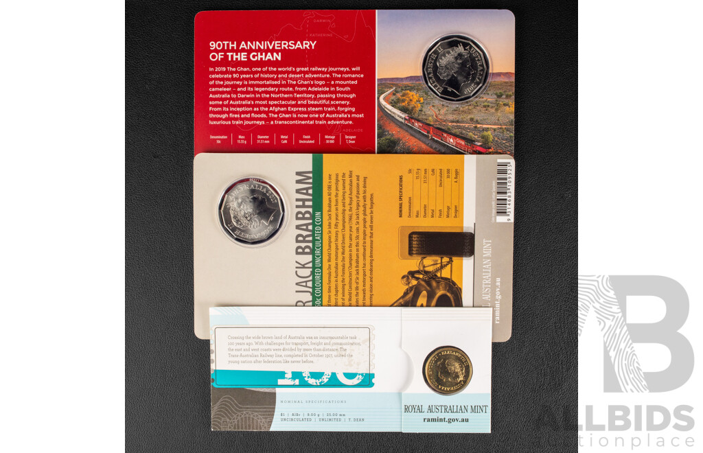 Three Australian RAM Commemorative Coins Including 2019 Fifty Cent, The Ghan, 2017 One Dollar Trans-Australian Railway, C Mint Mark, 2017 Fifty Cent, Sir Jack Brabham