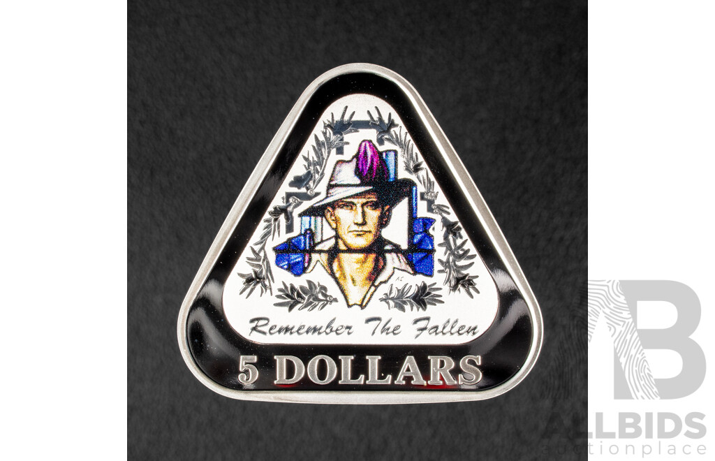 Australian RAM 2016 Silver Five Dollar Proof Coloured Triangular Coin, Remember the Fallen .999