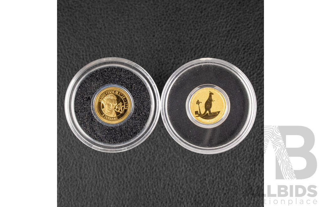 Australia Perth Mint 2012 Gold Two Dollar Coin, Mini Roo .999 and Cook Islands 2012 Gold Five Dollar Coin, James Cook 1728-1779  .585