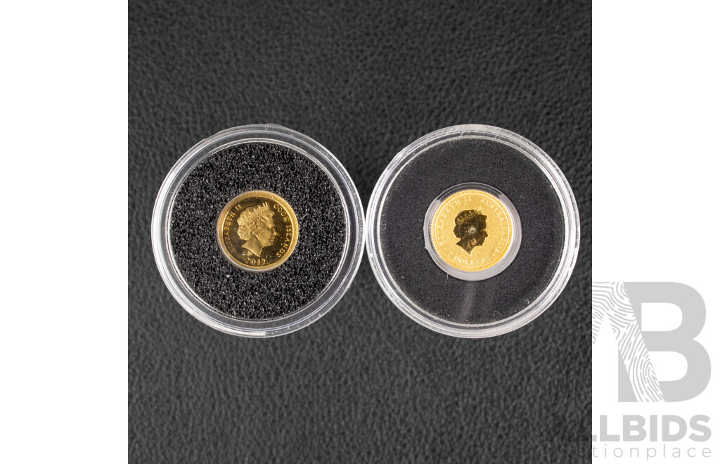 Australia Perth Mint 2012 Gold Two Dollar Coin, Mini Roo .999 and Cook Islands 2012 Gold Five Dollar Coin, James Cook 1728-1779  .585