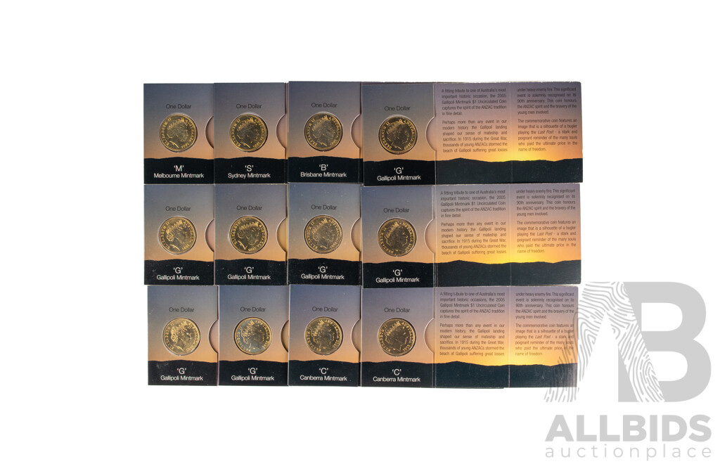 Twelve Australian UNC One Dollar Coins, Gallipoli 1915, All Mint Marked M, S, B, C(2) G(7)