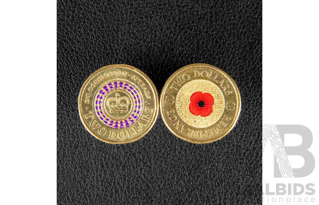 Two Australian Commemorative Two Dollar Coins, 2012 Remembrance 'Red Poppy' and 2013 QE2 Coronation