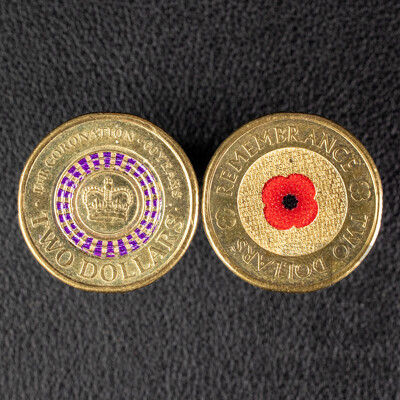 Two Australian Commemorative Two Dollar Coins, 2012 Remembrance 'Red Poppy' and 2013 QE2 Coronation