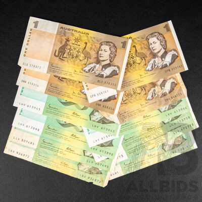 Collection of Australian Banknotes Including Eight 1985 Two Dollars Johnston/Fraser, Two Consecutive LHV613944 - LHV613945, Four 1982 One Dollars, Johnston/Stone