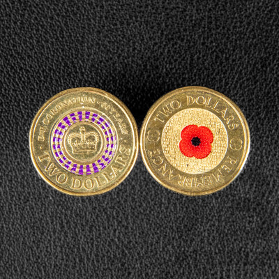 Two Australian Commemorative Two Dollar Coins, 2012 Remembrance 'Red Poppy' and 2013 QE2 Coronation