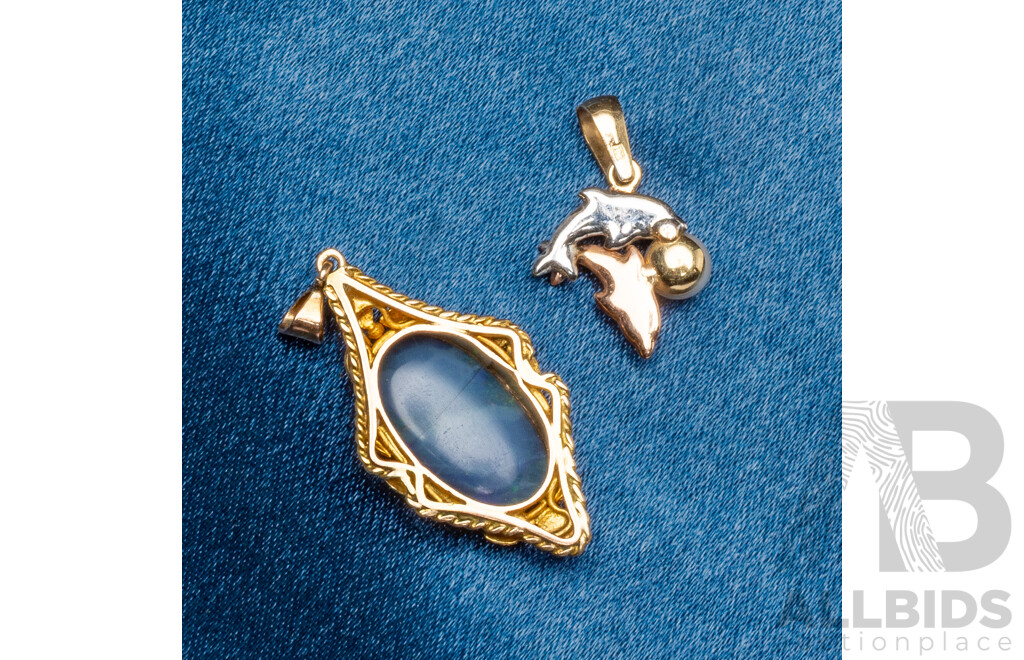 Vintage 9ct Yellow Gold Oval Opal Pendant and 9ct 3-Tone Dolphin Pendant with Pearl - 3.79gms
