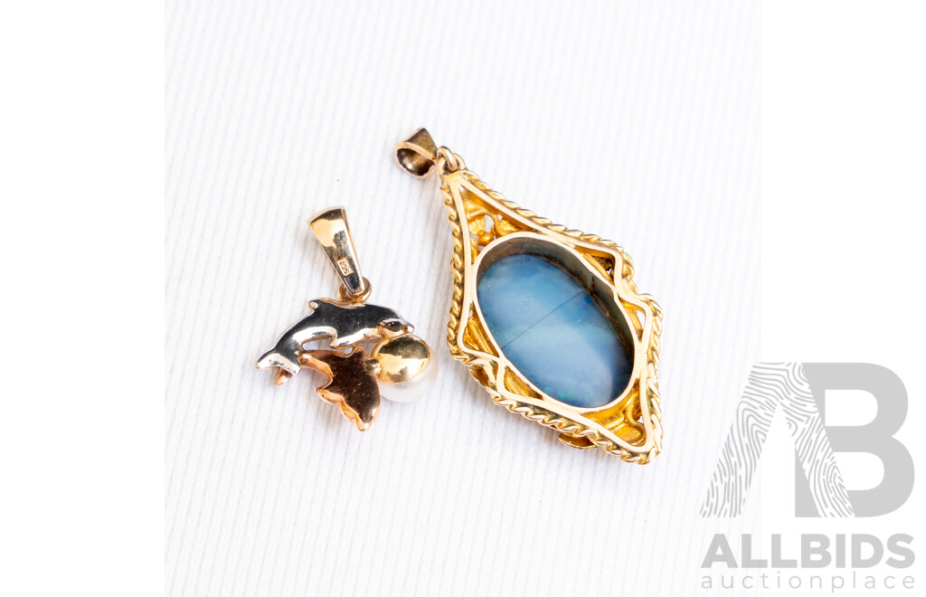Vintage 9ct Yellow Gold Oval Opal Pendant and 9ct 3-Tone Dolphin Pendant with Pearl - 3.79gms