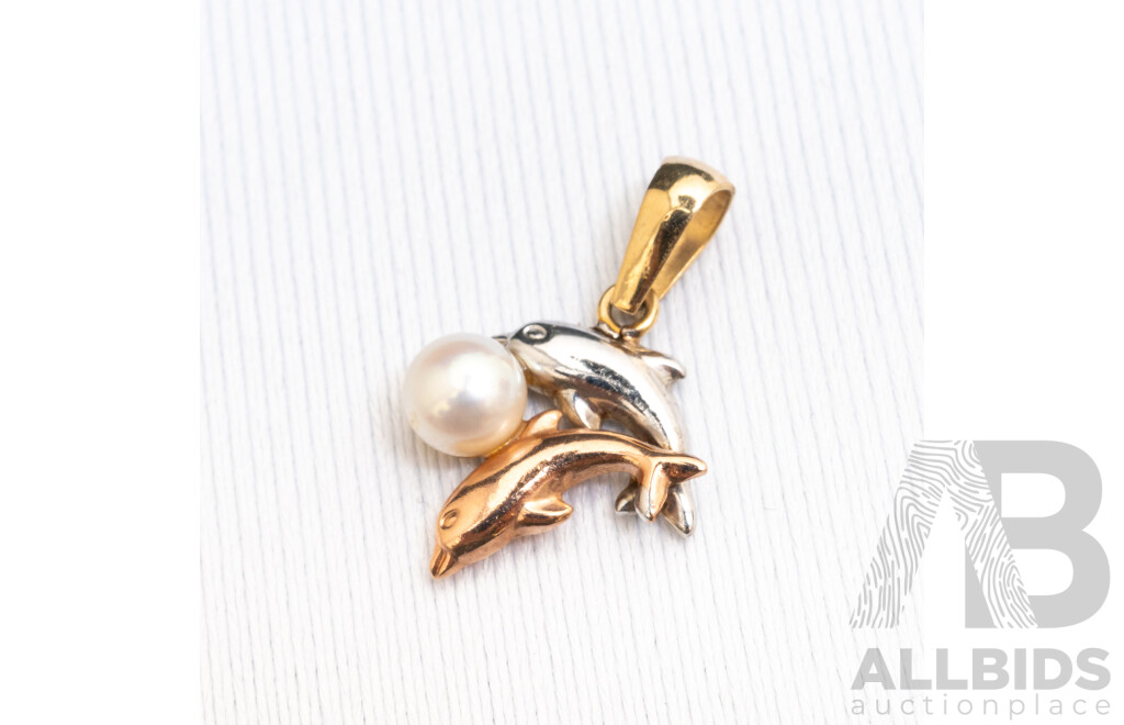 Vintage 9ct Yellow Gold Oval Opal Pendant and 9ct 3-Tone Dolphin Pendant with Pearl - 3.79gms