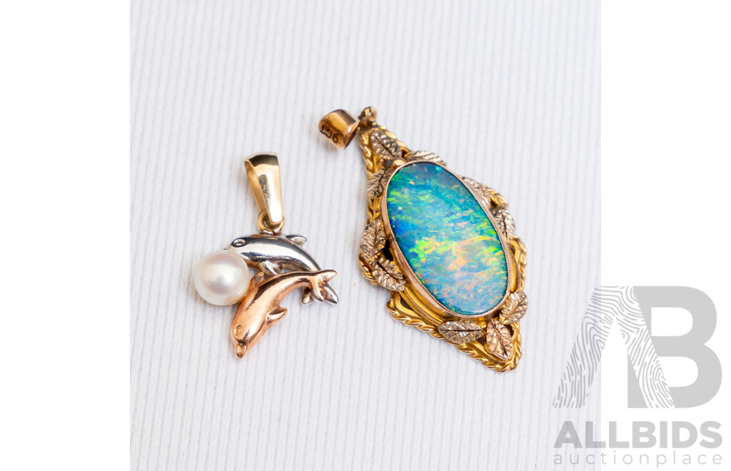 Vintage 9ct Yellow Gold Oval Opal Pendant and 9ct 3-Tone Dolphin Pendant with Pearl - 3.79gms