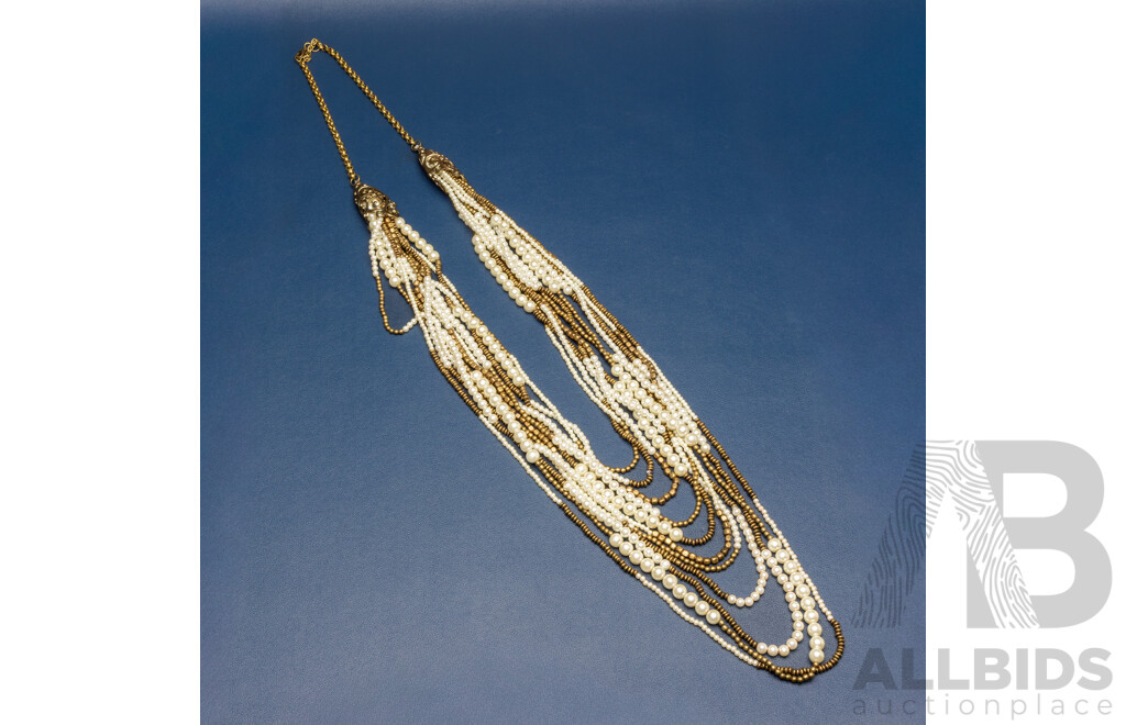 Vintage Gatsby Style Multi Strand Brass and Synthetic Pearl Necklace