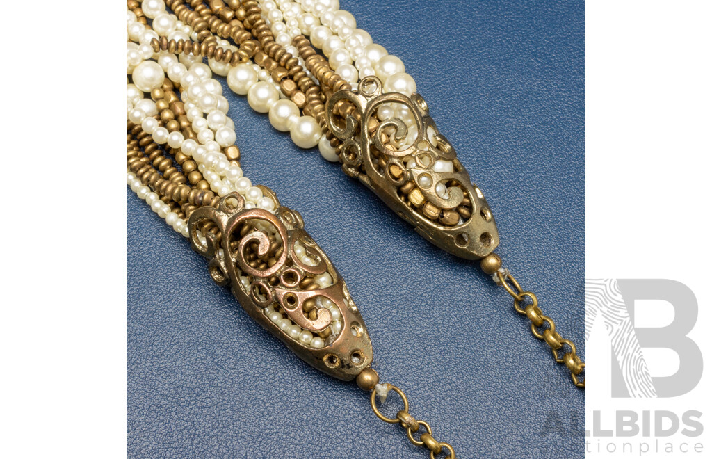 Vintage Gatsby Style Multi Strand Brass and Synthetic Pearl Necklace