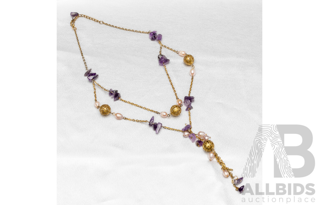 Vintage Gold Tone Multi Strand Necklace with Amethysts and Freshwater Pearls