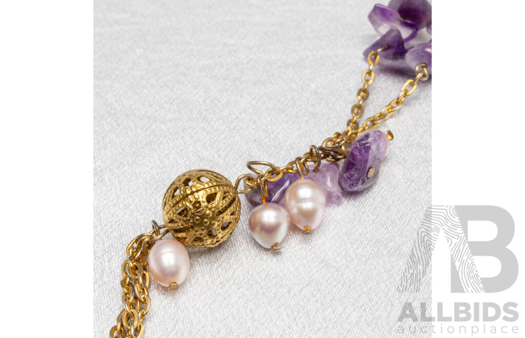 Vintage Gold Tone Multi Strand Necklace with Amethysts and Freshwater Pearls