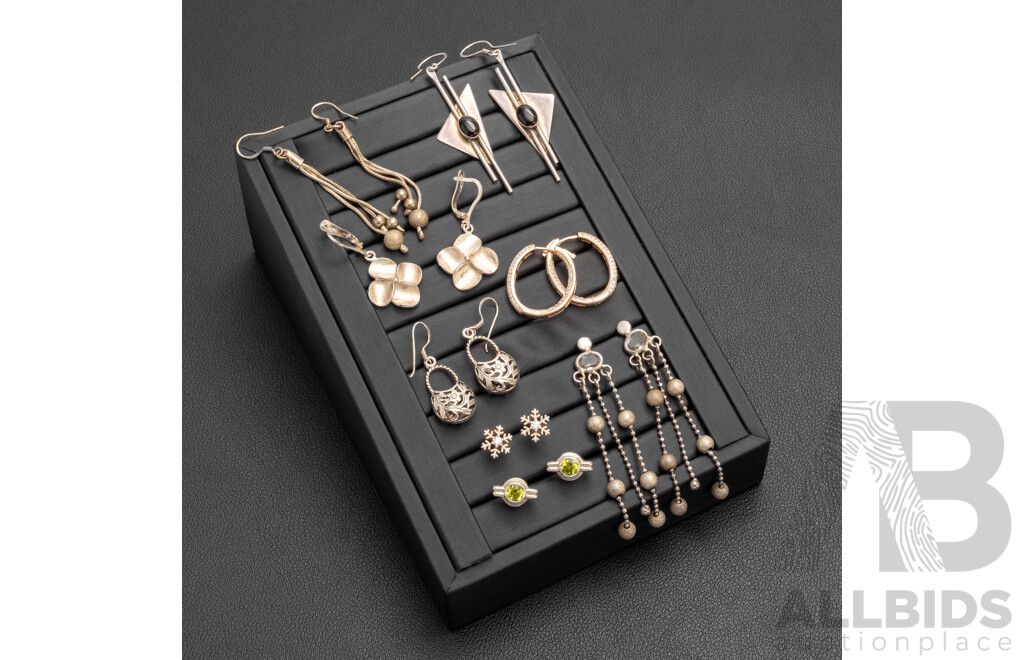 925 Sterling Silver Assorted Earrings Bundle. Lot of 8 Pairs - 37.71gms