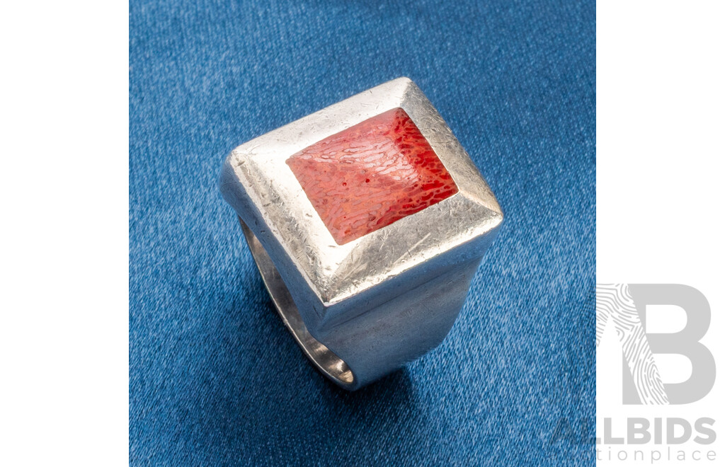925 Sterling Silver Rectangle Signet with Rectangle Red Coral - Size R.5